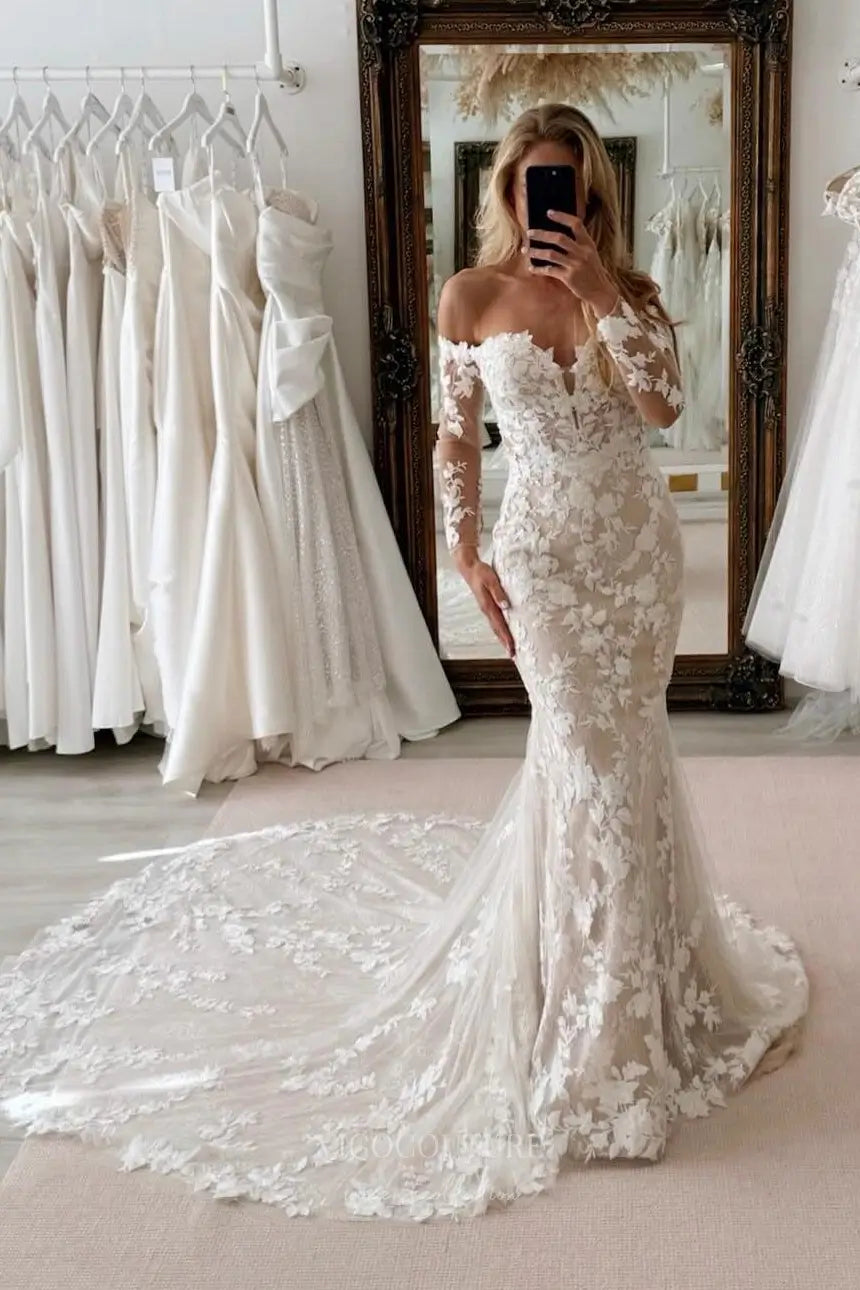 Ivory Off-Shoulder Lace Mermaid Wedding Dress with Long Sleeves, Sheer Bodice & Chapel Train – W2294