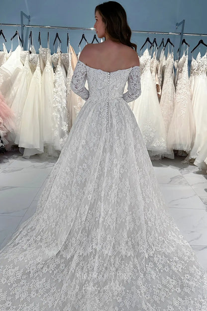 Wedding Dresses 2025 to impress Ivory Off-Shoulder Lace Wedding Dress with Long Sleeves, Button Back & Chapel Train – W2261-vigocouture-vigocouture