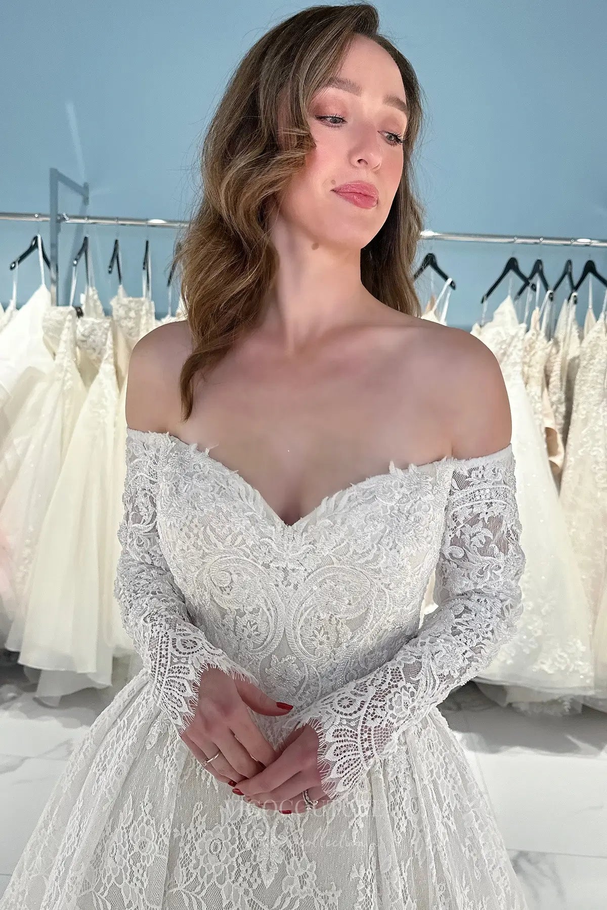 Wedding Dresses 2025 to impress Ivory Off-Shoulder Lace Wedding Dress with Long Sleeves, Button Back & Chapel Train – W2261-vigocouture-vigocouture