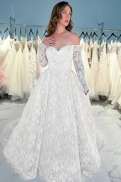 Ivory Off-Shoulder Lace Wedding Dress with Long Sleeves, Button Back & Chapel Train – W2261