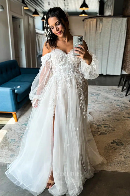 Ivory Off-Shoulder Lace Wedding Dress with Sweetheart Neckline, Sheer Sleeves, High Slit & Chapel Train – W2257