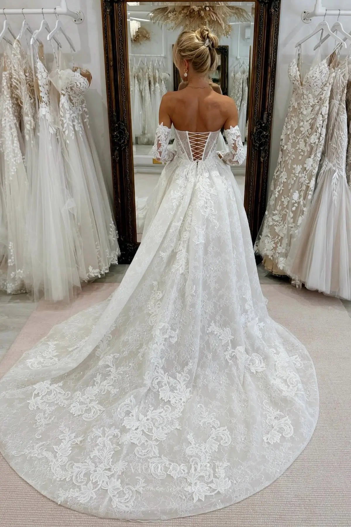 Wedding Dresses 2025 to impress Ivory Off-Shoulder Long Sleeve Lace Wedding Dress with Sheer Corset Bodice & Chapel Train – W2262-vigocouture-vigocouture
