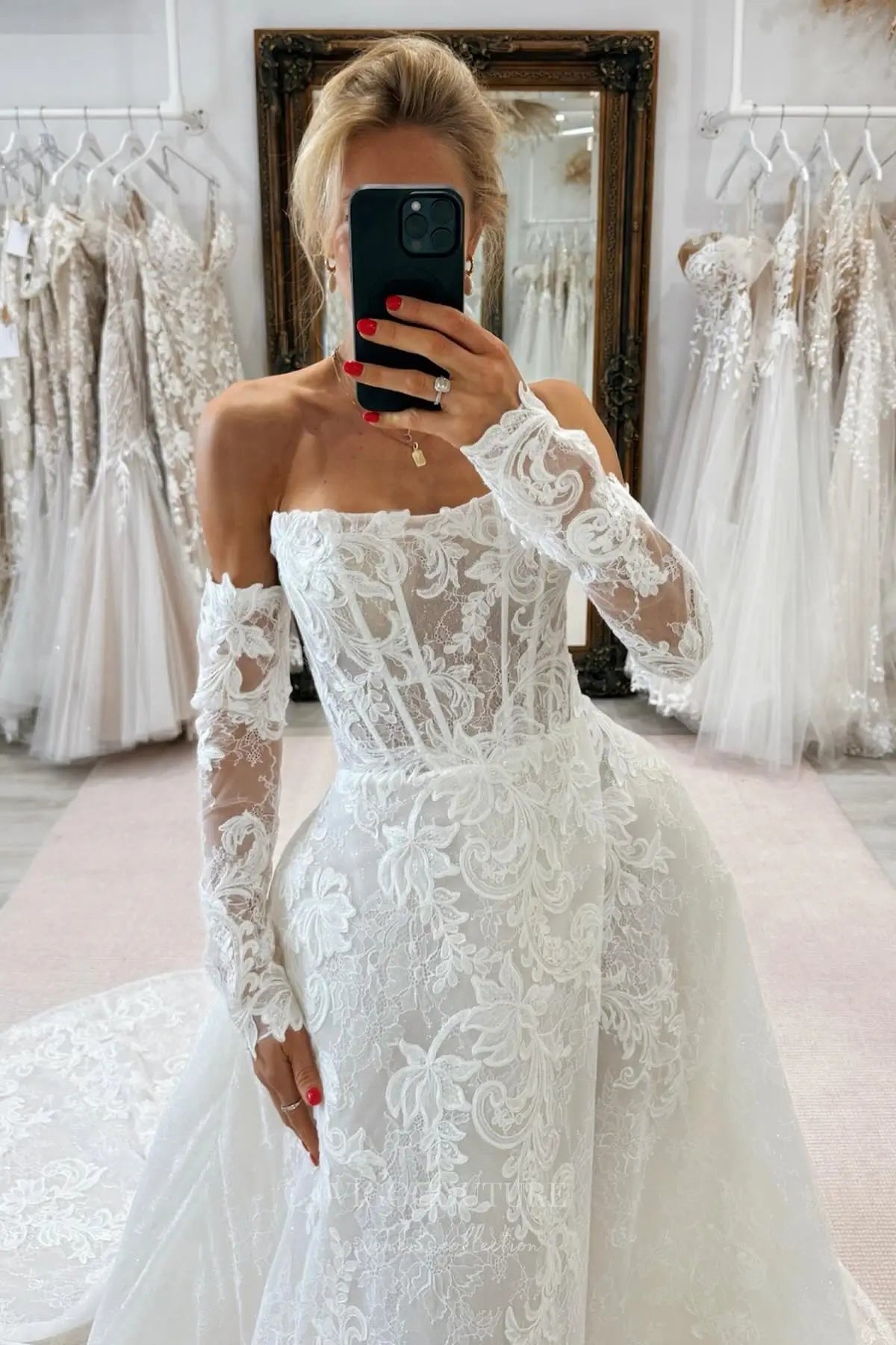 Wedding Dresses 2025 to impress Ivory Off-Shoulder Long Sleeve Lace Wedding Dress with Sheer Corset Bodice & Chapel Train – W2262-vigocouture-vigocouture