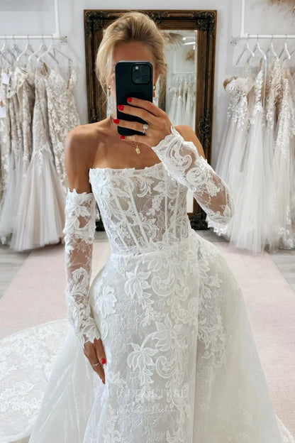 Wedding Dresses 2025 to impress Ivory Off-Shoulder Long Sleeve Lace Wedding Dress with Sheer Corset Bodice & Chapel Train – W2262-vigocouture-vigocouture
