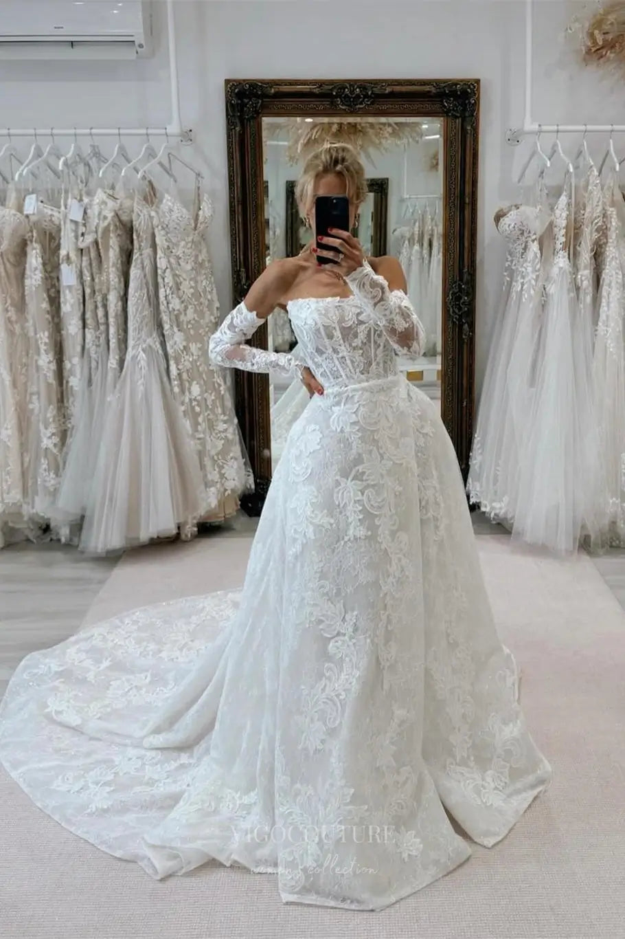 Ivory Off-Shoulder Long Sleeve Lace Wedding Dress with Sheer Corset Bodice & Chapel Train – W2262