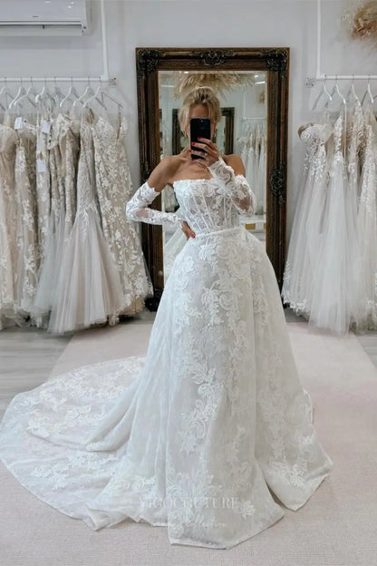 Ivory Off-Shoulder Long Sleeve Lace Wedding Dress with Sheer Corset Bodice & Chapel Train – W2262