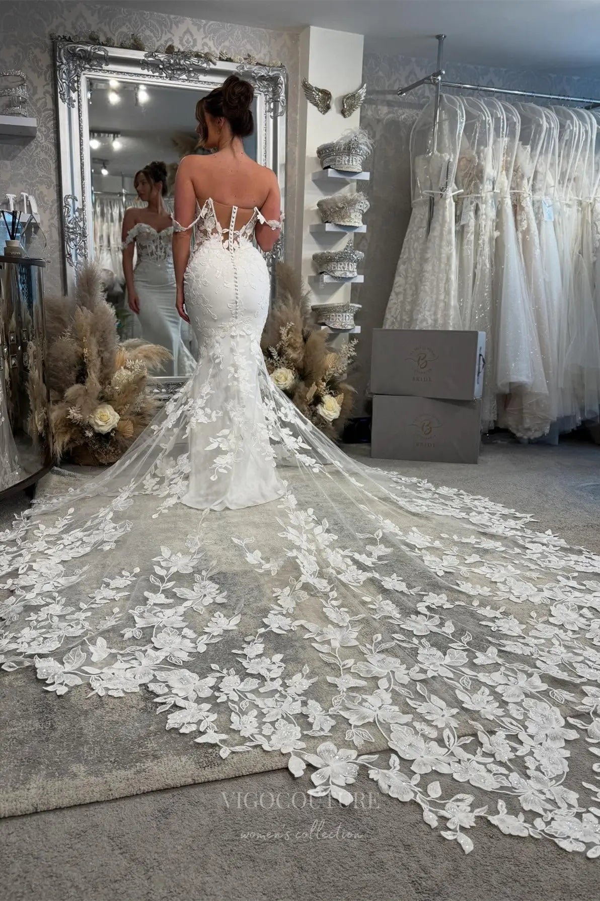 Wedding Dresses 2025 to impress Ivory Off-Shoulder Mermaid Wedding Dress with Sheer Corset Bodice, 3D Floral Lace Appliqués & Cathedral Train – W2287-vigocouture-vigocouture