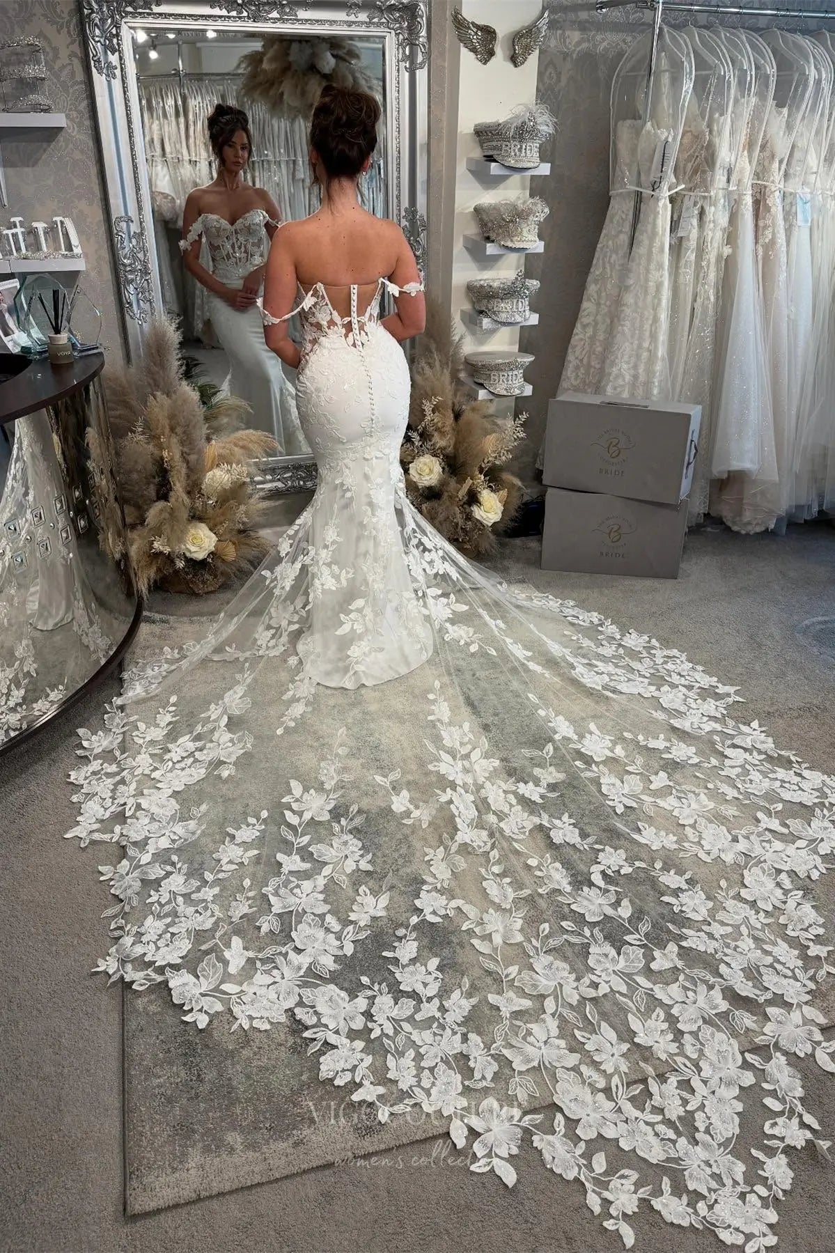 Wedding Dresses 2025 to impress Ivory Off-Shoulder Mermaid Wedding Dress with Sheer Corset Bodice, 3D Floral Lace Appliqués & Cathedral Train – W2287-vigocouture-vigocouture