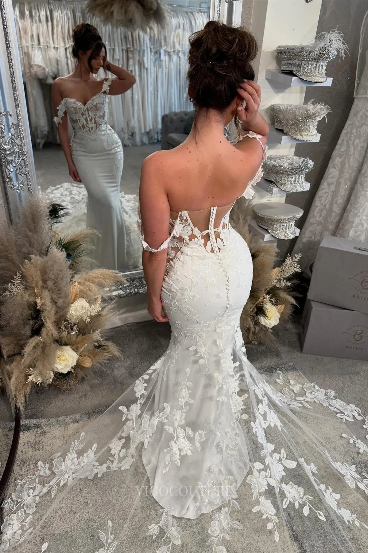Wedding Dresses 2025 to impress Ivory Off-Shoulder Mermaid Wedding Dress with Sheer Corset Bodice, 3D Floral Lace Appliqués & Cathedral Train – W2287-vigocouture-vigocouture