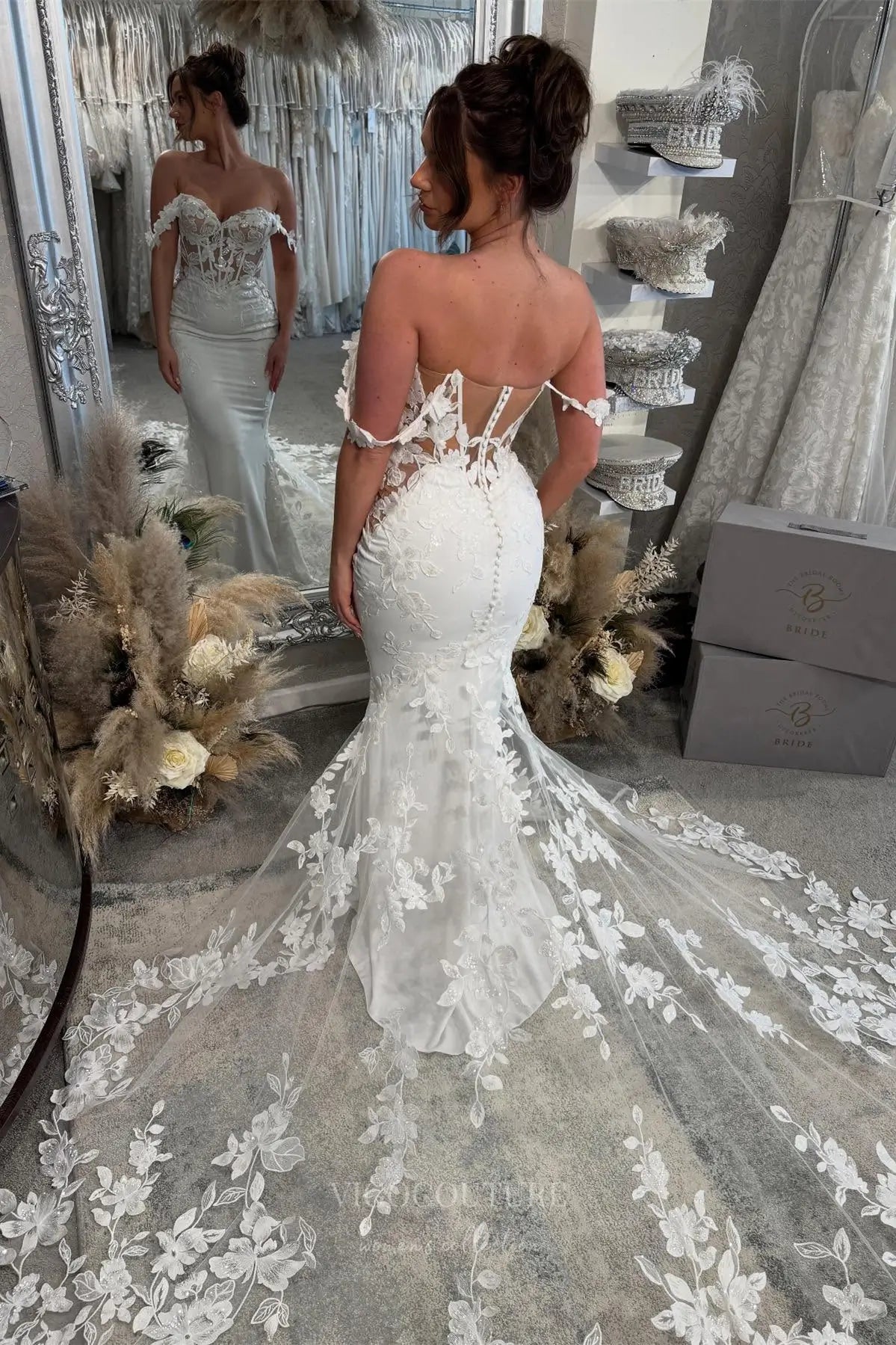 Wedding Dresses 2025 to impress Ivory Off-Shoulder Mermaid Wedding Dress with Sheer Corset Bodice, 3D Floral Lace Appliqués & Cathedral Train – W2287-vigocouture-vigocouture