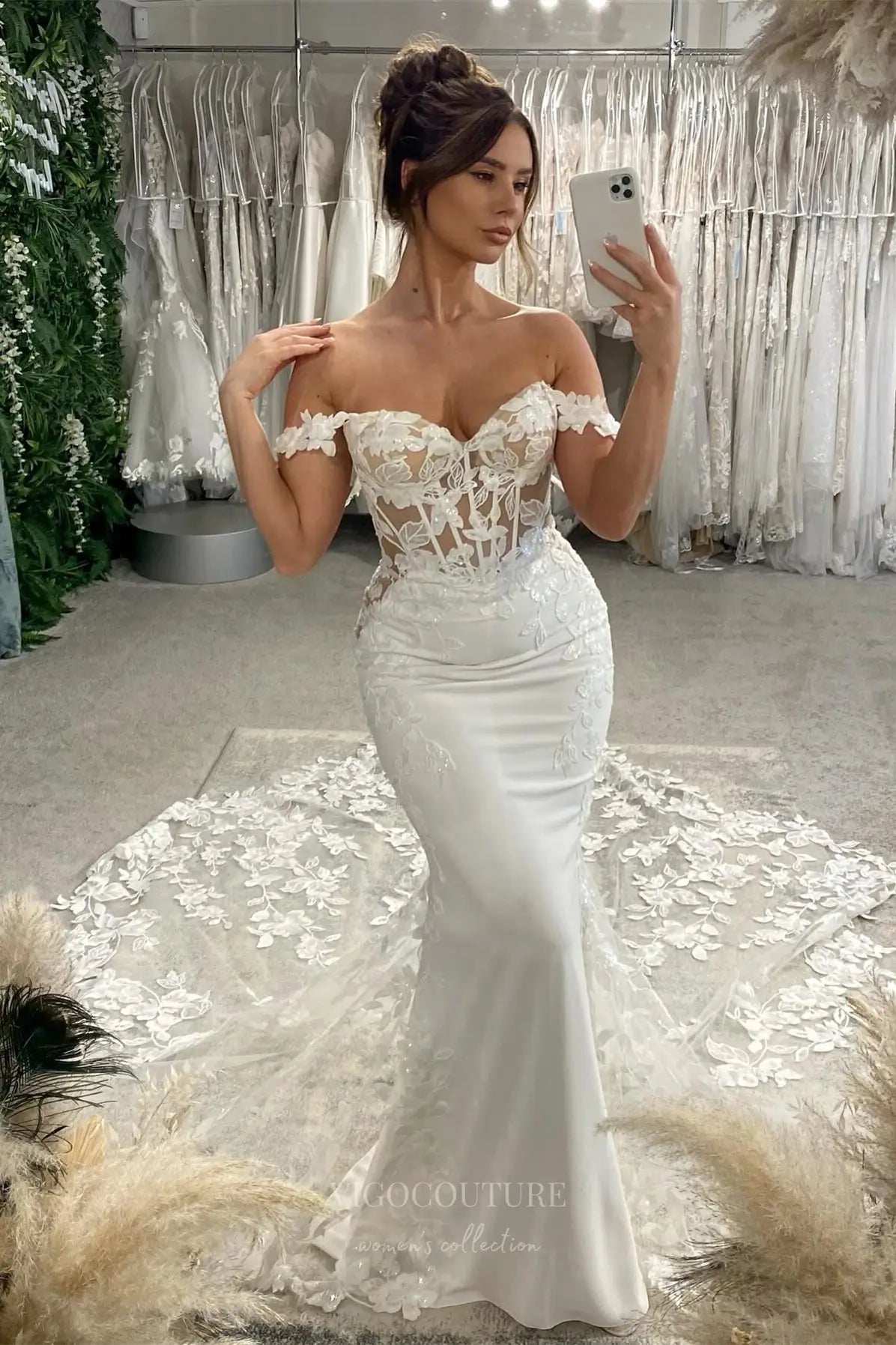 Ivory Off-Shoulder Mermaid Wedding Dress with Sheer Corset Bodice, 3D Floral Lace Appliqués & Cathedral Train – W2287