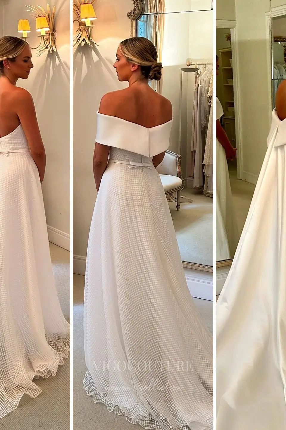 Wedding Dresses 2025 to impress Ivory Off-Shoulder Satin Wedding Dress with Textured Skirt, Bow Waist & Cathedral Train – W2330-vigocouture-vigocouture