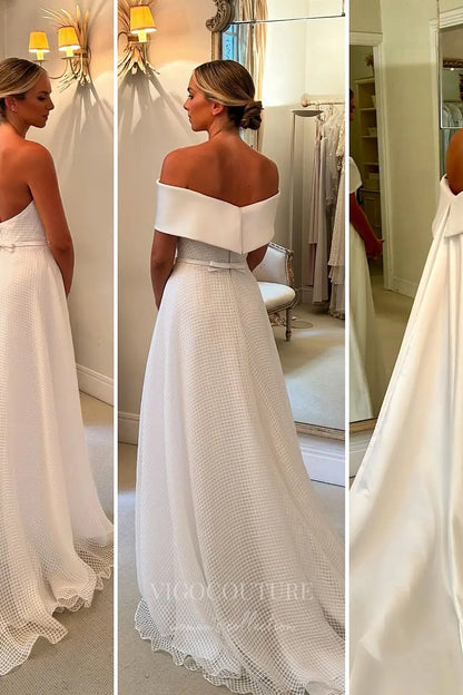 Wedding Dresses 2025 to impress Ivory Off-Shoulder Satin Wedding Dress with Textured Skirt, Bow Waist & Cathedral Train – W2330-vigocouture-vigocouture