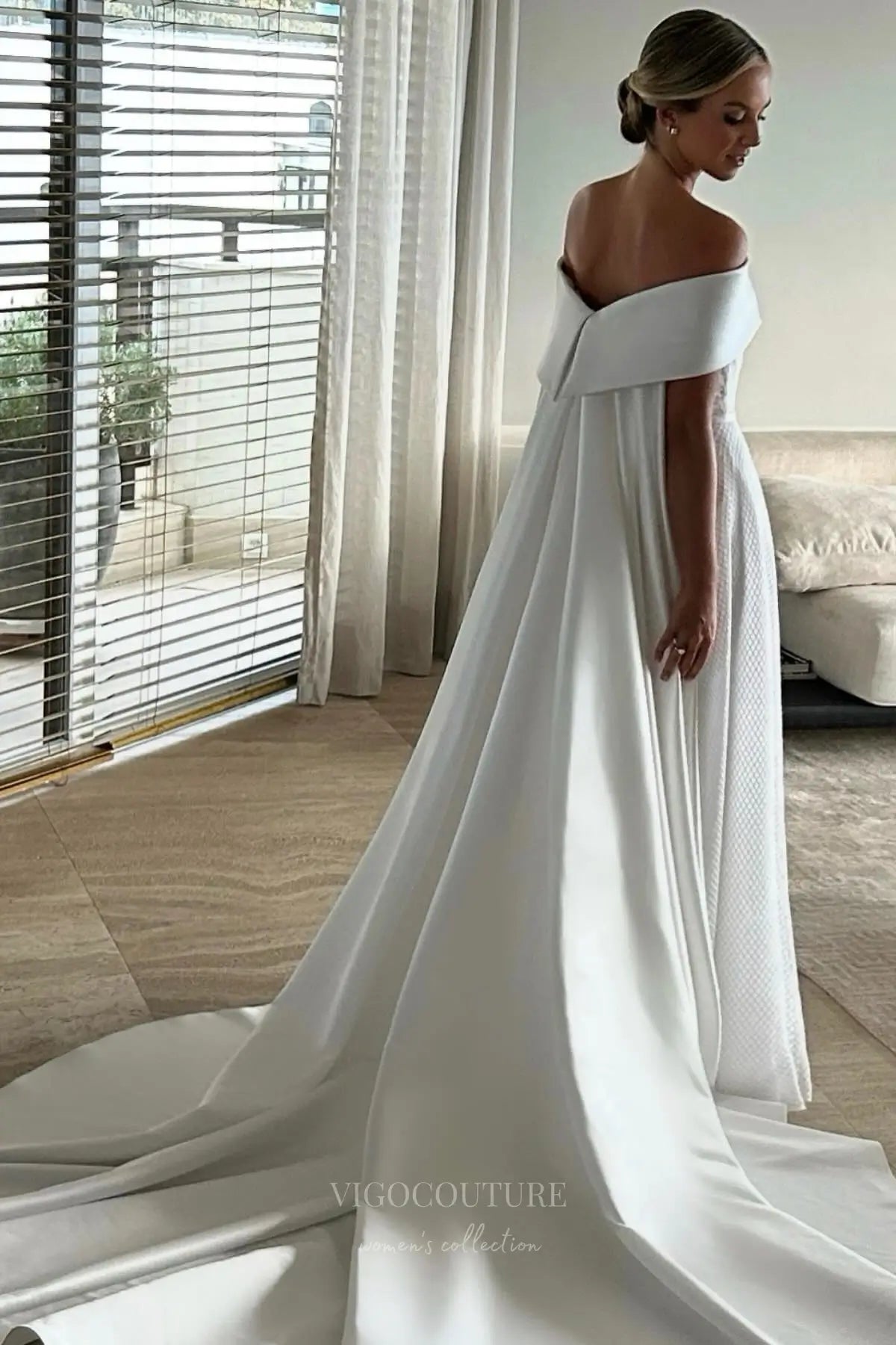 Wedding Dresses 2025 to impress Ivory Off-Shoulder Satin Wedding Dress with Textured Skirt, Bow Waist & Cathedral Train – W2330-vigocouture-vigocouture