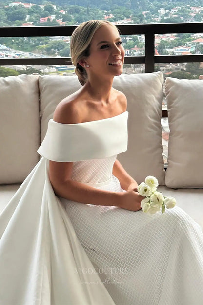 Ivory Off-Shoulder Satin Wedding Dress with Textured Skirt, Bow Waist & Cathedral Train – W2330