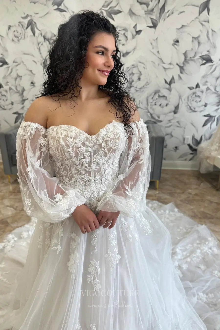 Wedding Dresses 2025 to impress Ivory Off-the-Shoulder Beaded Lace Wedding Dress with Sheer Corset Bodice, Bishop Sleeves & Cathedral Train – W2246-vigocouture-vigocouture