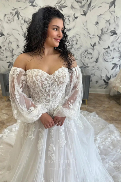 Wedding Dresses 2025 to impress Ivory Off-the-Shoulder Beaded Lace Wedding Dress with Sheer Corset Bodice, Bishop Sleeves & Cathedral Train – W2246-vigocouture-vigocouture