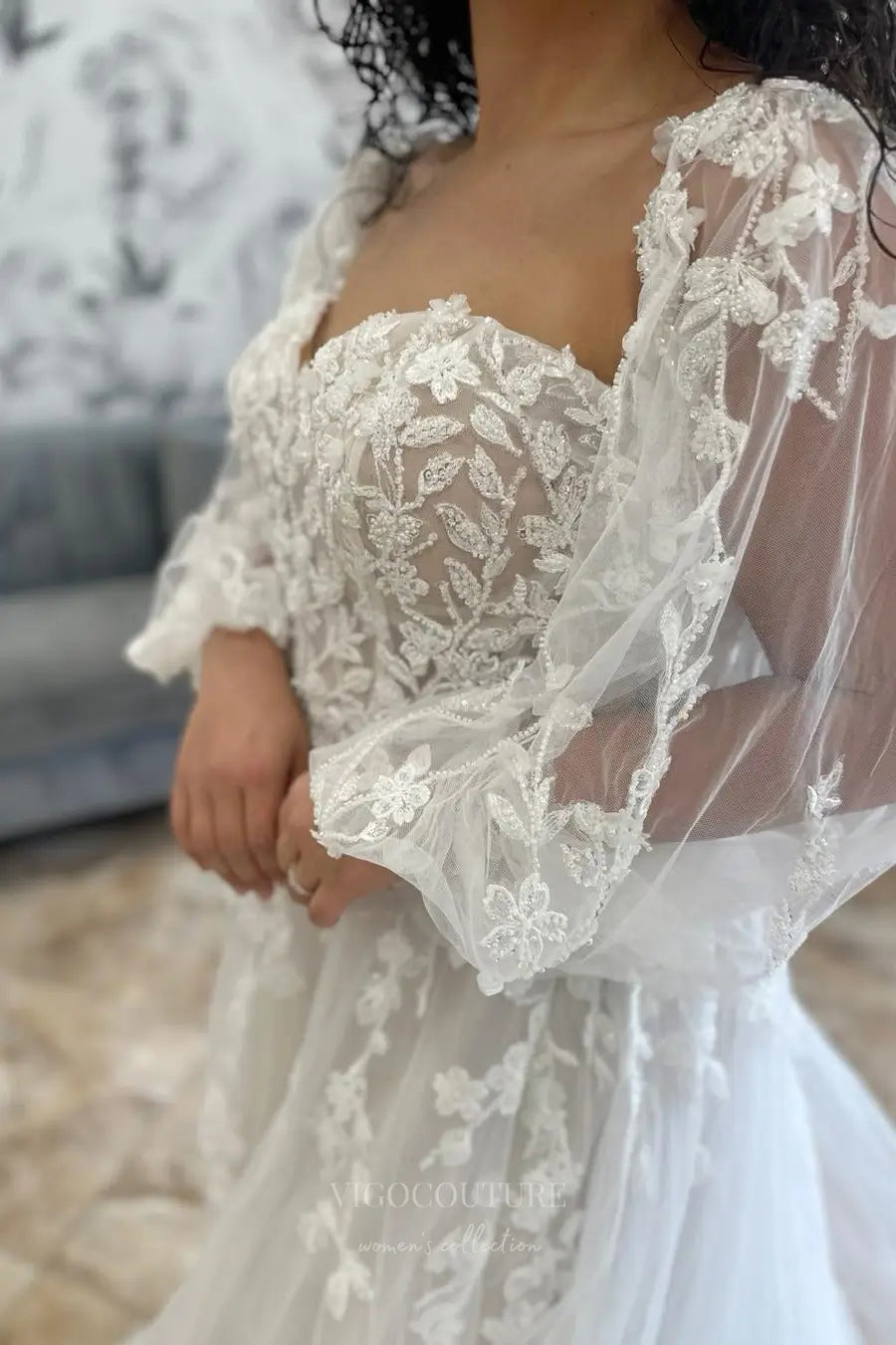 Wedding Dresses 2025 to impress Ivory Off-the-Shoulder Beaded Lace Wedding Dress with Sheer Corset Bodice, Bishop Sleeves & Cathedral Train – W2246-vigocouture-vigocouture