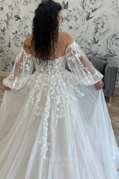 Wedding Dresses 2025 to impress Ivory Off-the-Shoulder Beaded Lace Wedding Dress with Sheer Corset Bodice, Bishop Sleeves & Cathedral Train – W2246-vigocouture-vigocouture