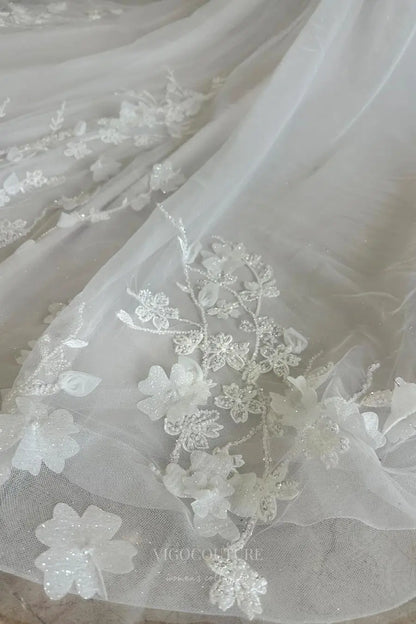 Wedding Dresses 2025 to impress Ivory Off-the-Shoulder Beaded Lace Wedding Dress with Sheer Corset Bodice, Bishop Sleeves & Cathedral Train – W2246-vigocouture-vigocouture