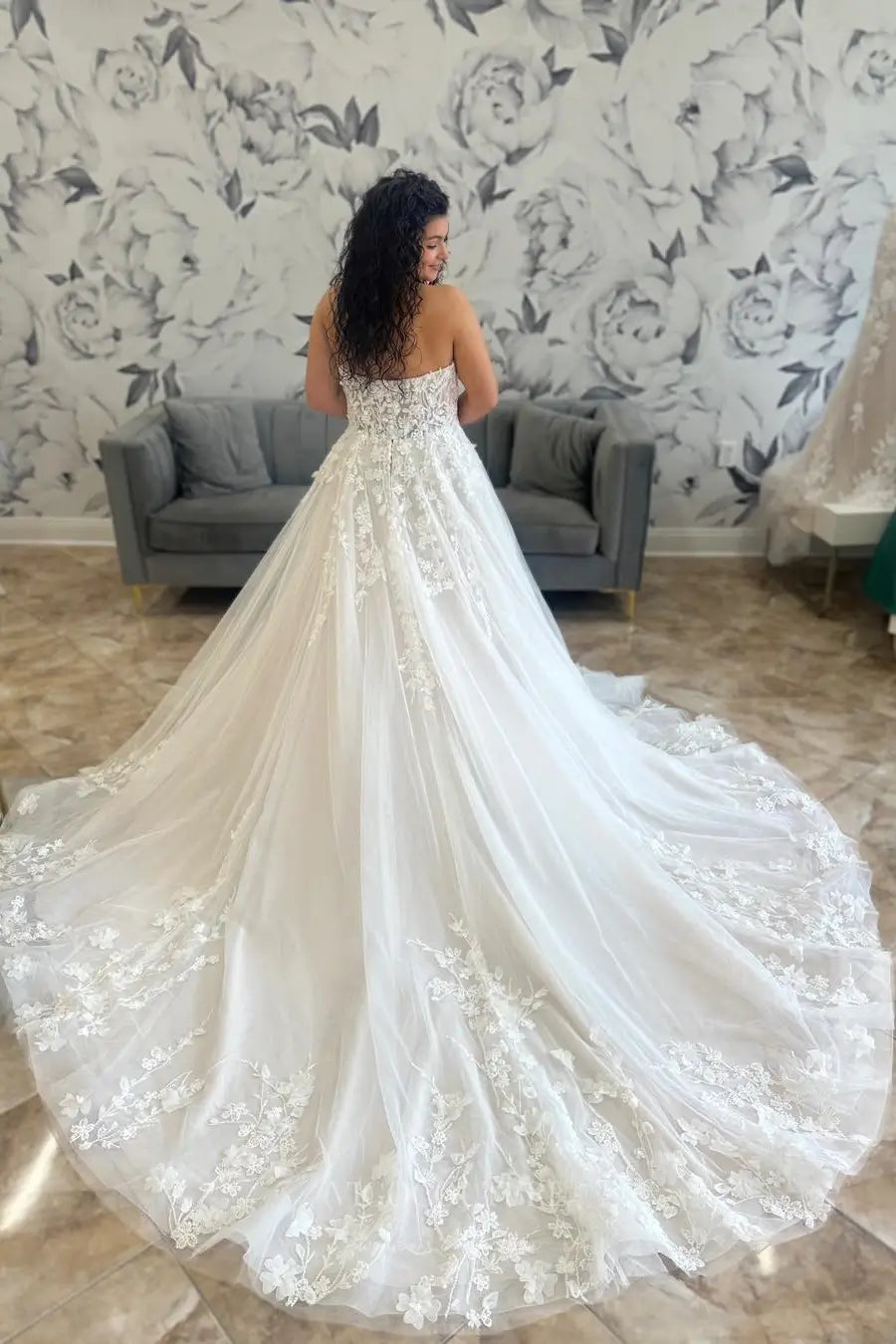 Ivory Off-the-Shoulder Beaded Lace Wedding Dress with Sheer Corset Bodice, Bishop Sleeves & Cathedral Train – W2246