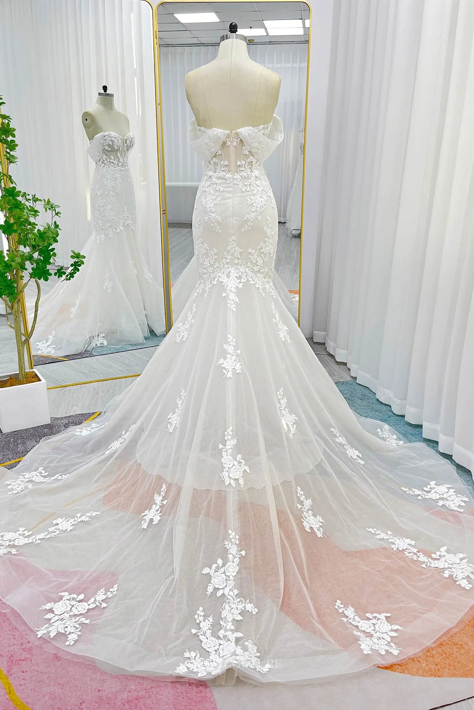 Wedding Dresses 2025 to impress Ivory Off the Shoulder Lace Mermaid Wedding Dress with Chapel Train & Sweetheart Neckline - MQ034-vigocouture-vigocouture