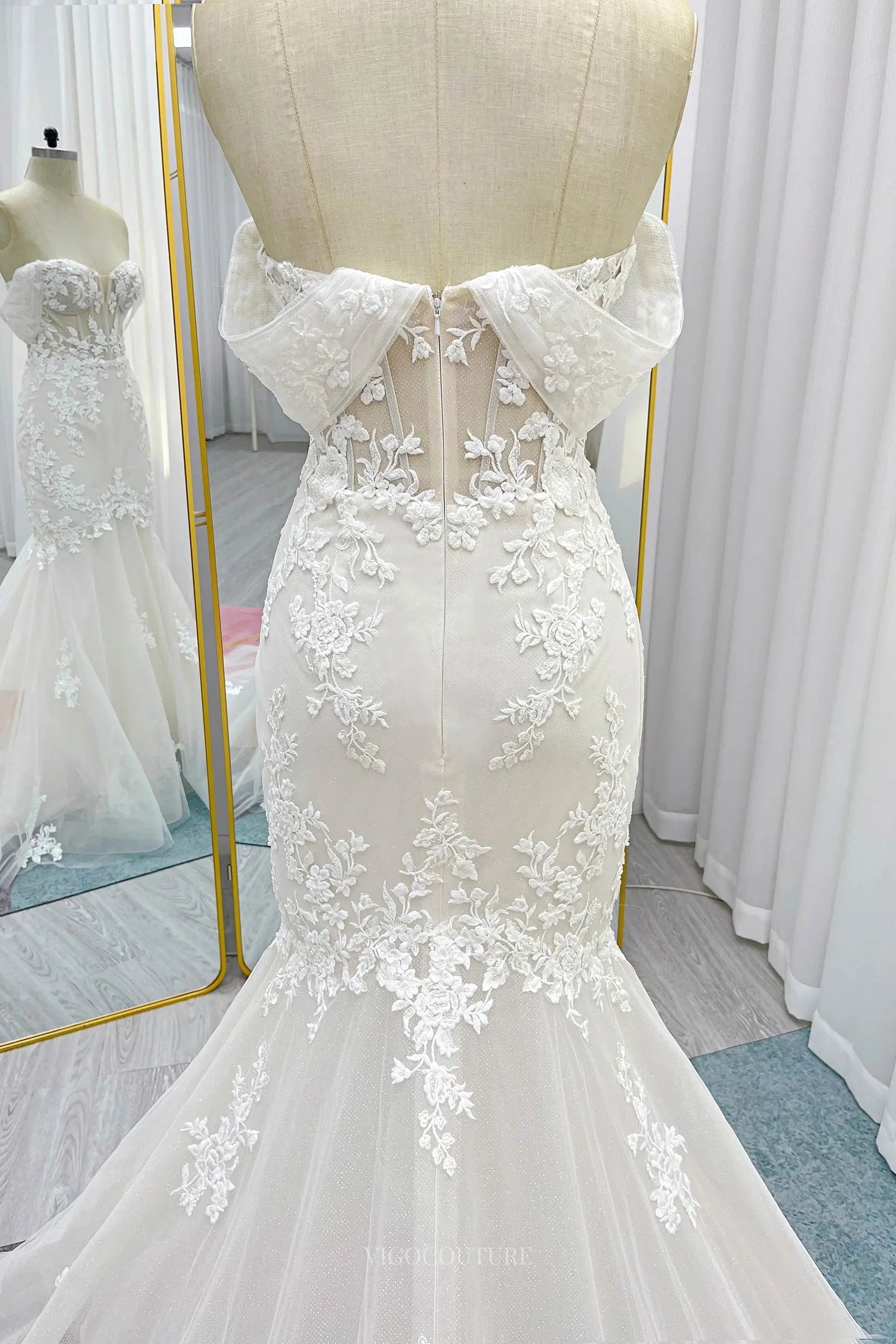 Wedding Dresses 2025 to impress Ivory Off the Shoulder Lace Mermaid Wedding Dress with Chapel Train & Sweetheart Neckline - MQ034-vigocouture-vigocouture