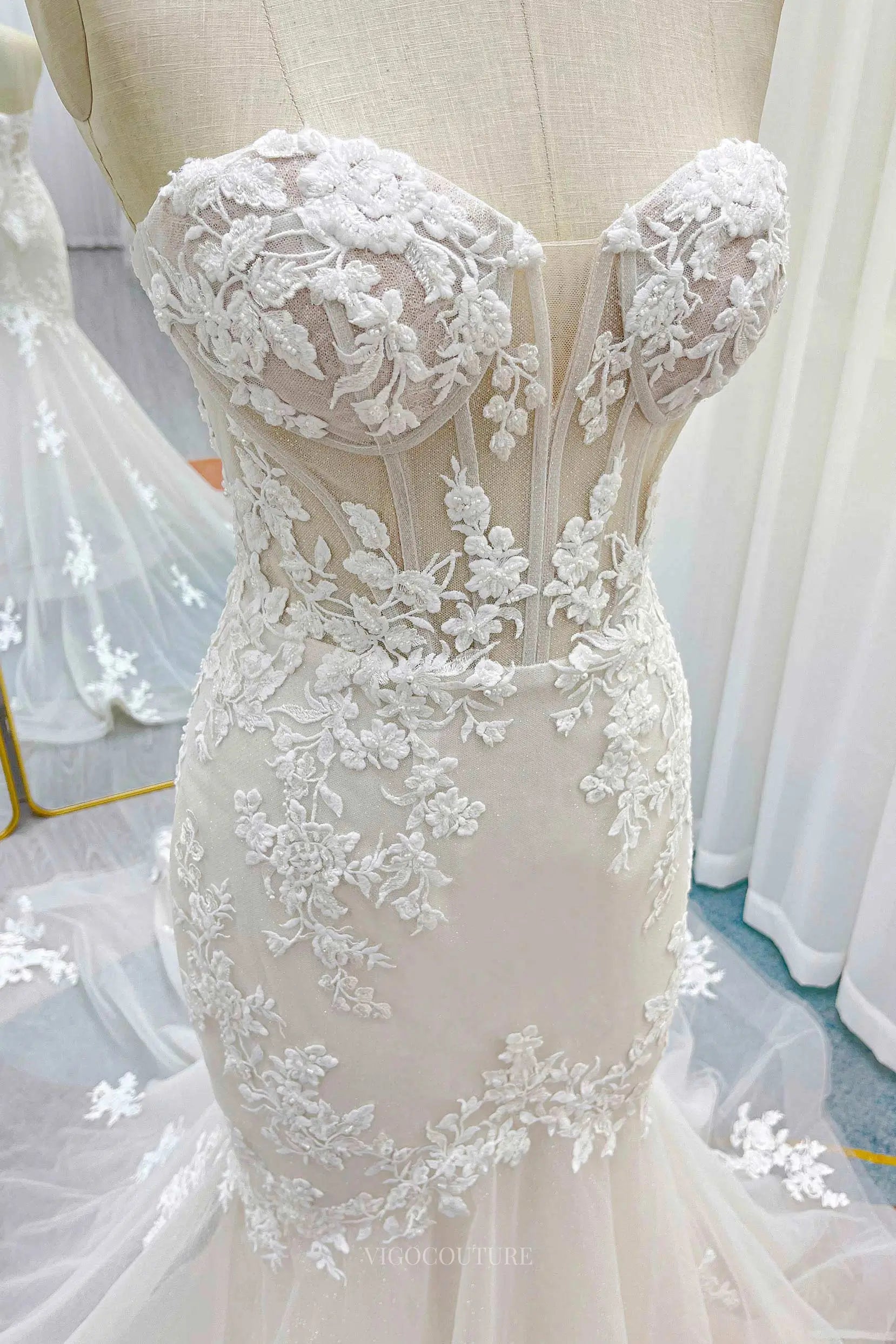 Wedding Dresses 2025 to impress Ivory Off the Shoulder Lace Mermaid Wedding Dress with Chapel Train & Sweetheart Neckline - MQ034-vigocouture-vigocouture