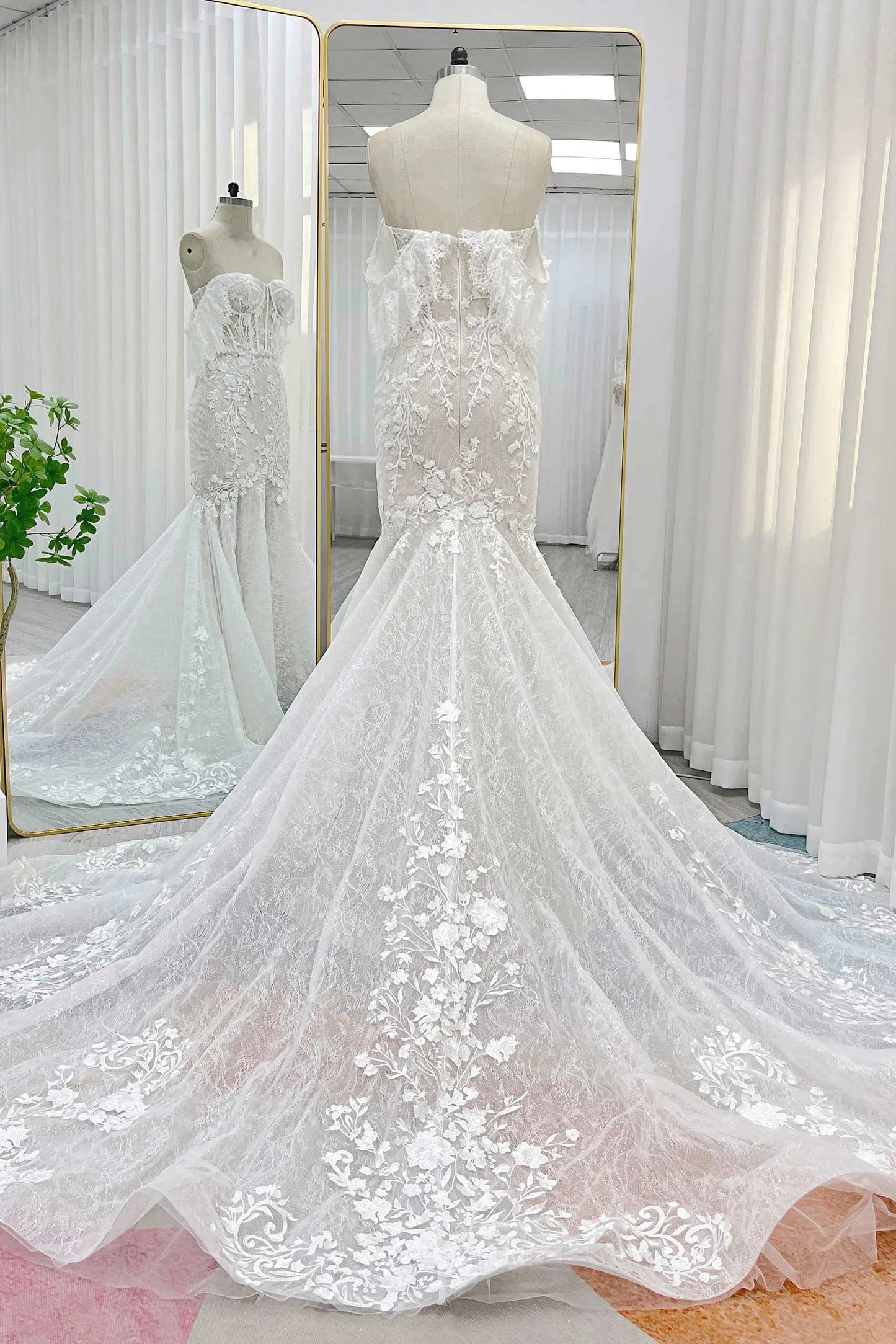 Wedding Dresses 2025 to impress Ivory Off the Shoulder Lace Tulle Mermaid Wedding Dress with Chapel Train - MQ033-vigocouture-vigocouture