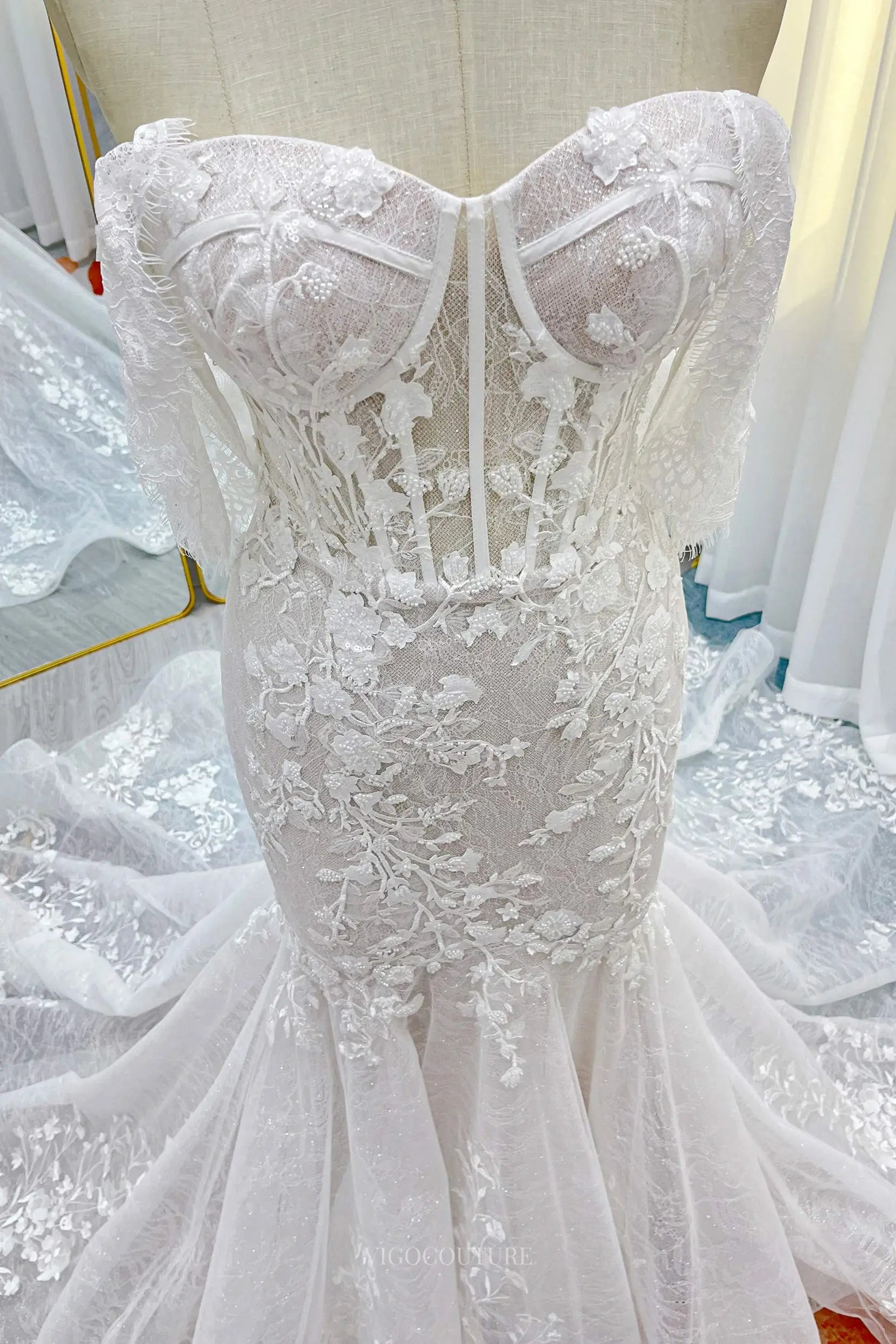 Wedding Dresses 2025 to impress Ivory Off the Shoulder Lace Tulle Mermaid Wedding Dress with Chapel Train - MQ033-vigocouture-vigocouture