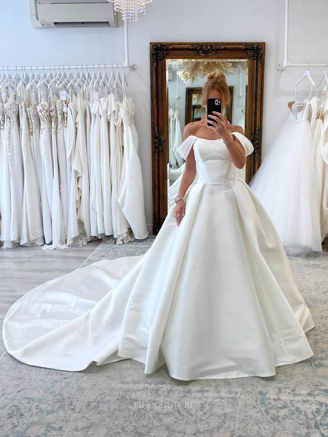 Ivory Off the Shoulder Satin Wedding Dress Chapel Train Outdoor Bridal Gown W0125-Wedding Dresses-vigocouture-Ivory-US2-vigocouture