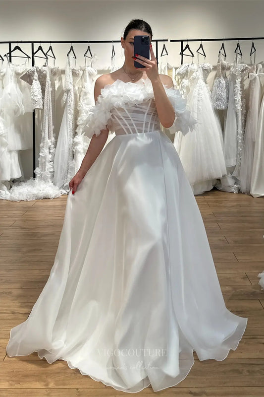 Ivory Off-the-Shoulder Wedding Dress with 3D Floral Sleeves, Sheer Corset Bodice & Organza A-Line Skirt – W2620
