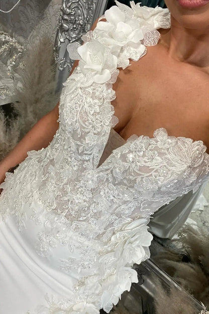 Wedding Dresses 2025 to impress Ivory One-Shoulder Wedding Dress with 3D Floral Appliqués, Lace Corset Bodice & High Slit – W2292-vigocouture-vigocouture