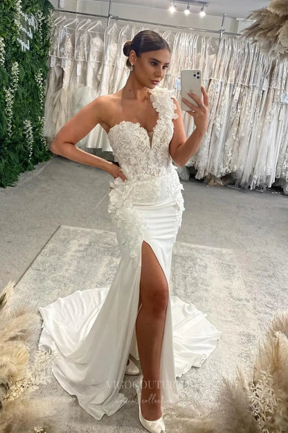 Ivory One-Shoulder Wedding Dress with 3D Floral Appliqués, Lace Corset Bodice & High Slit – W2292