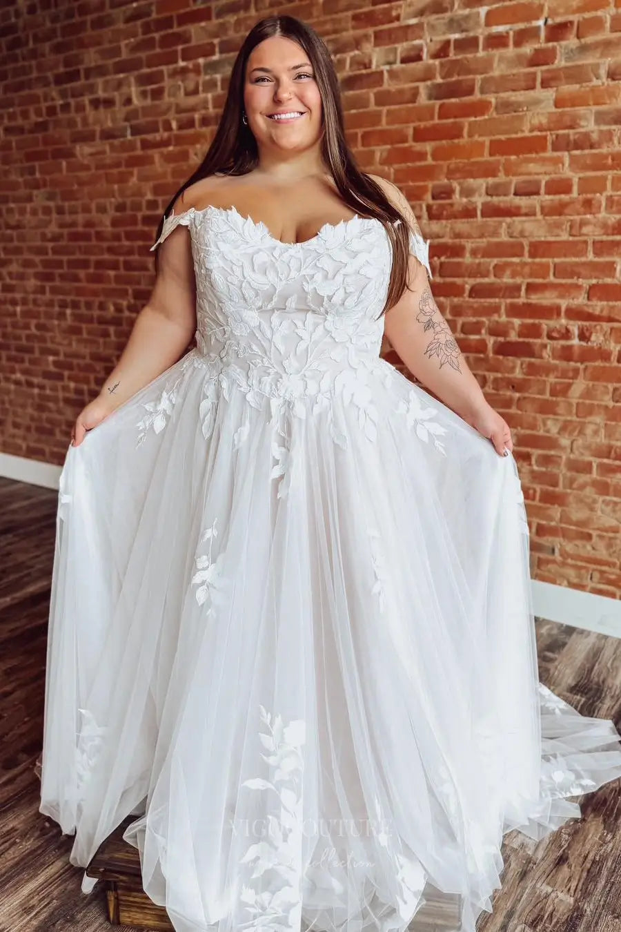 Ivory Plus Size Off-Shoulder Lace Wedding Dress with Train – W2259 – vigocouture