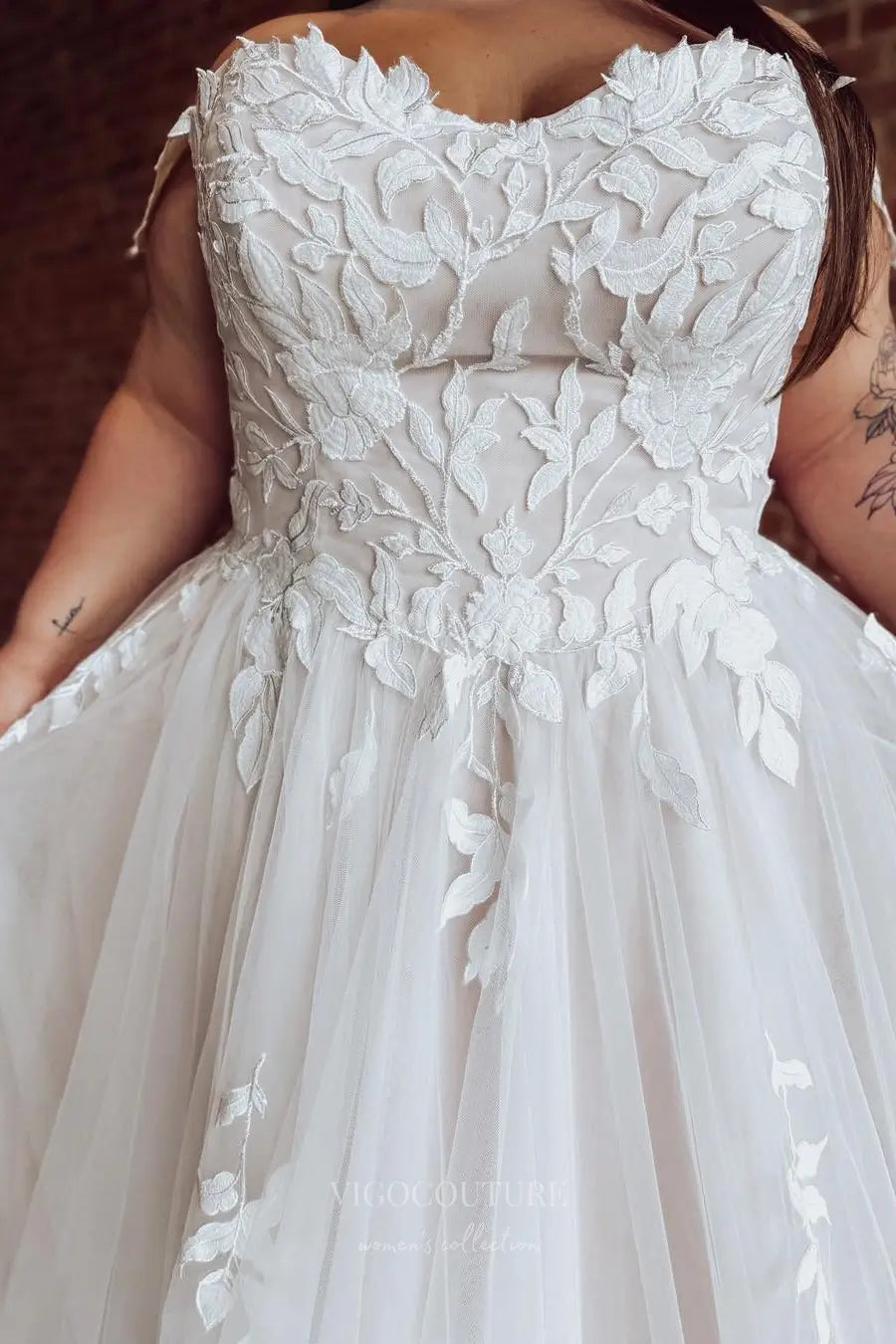 Ivory Plus Size Off-Shoulder Lace Wedding Dress with Train – W2259 – vigocouture