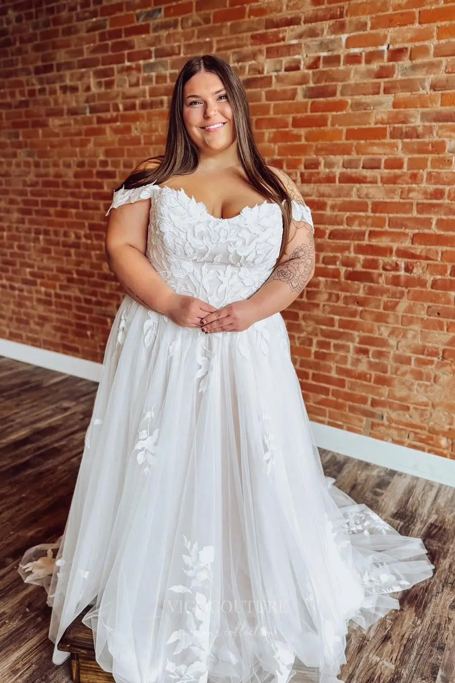 Ivory Plus Size Off-Shoulder Lace Wedding Dress with Train – W2259 – vigocouture
