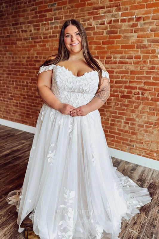 Ivory Plus Size Off-Shoulder Lace Wedding Dress with Sweetheart Neckline & Chapel Train – W2259