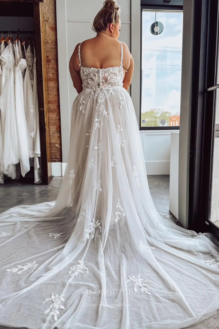 Wedding Dresses 2025 to impress Ivory Plus Size Wedding Dress with Spaghetti Straps, Sheer Lace Bodice, High Slit & Chapel Train – W2258-vigocouture-vigocouture