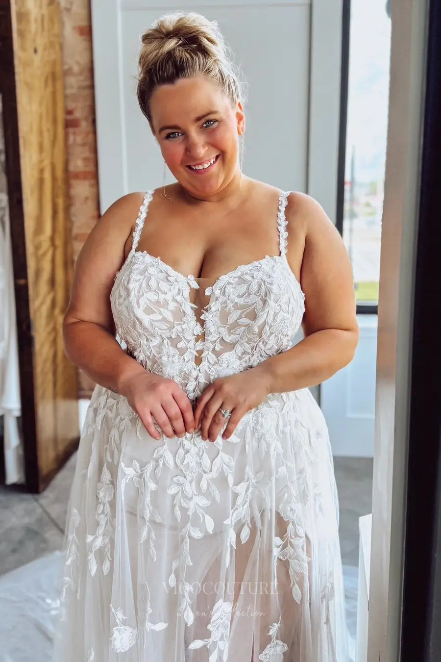 Wedding Dresses 2025 to impress Ivory Plus Size Wedding Dress with Spaghetti Straps, Sheer Lace Bodice, High Slit & Chapel Train – W2258-vigocouture-vigocouture