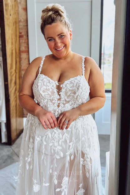Wedding Dresses 2025 to impress Ivory Plus Size Wedding Dress with Spaghetti Straps, Sheer Lace Bodice, High Slit & Chapel Train – W2258-vigocouture-vigocouture