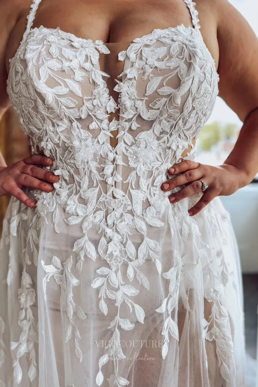 Wedding Dresses 2025 to impress Ivory Plus Size Wedding Dress with Spaghetti Straps, Sheer Lace Bodice, High Slit & Chapel Train – W2258-vigocouture-vigocouture