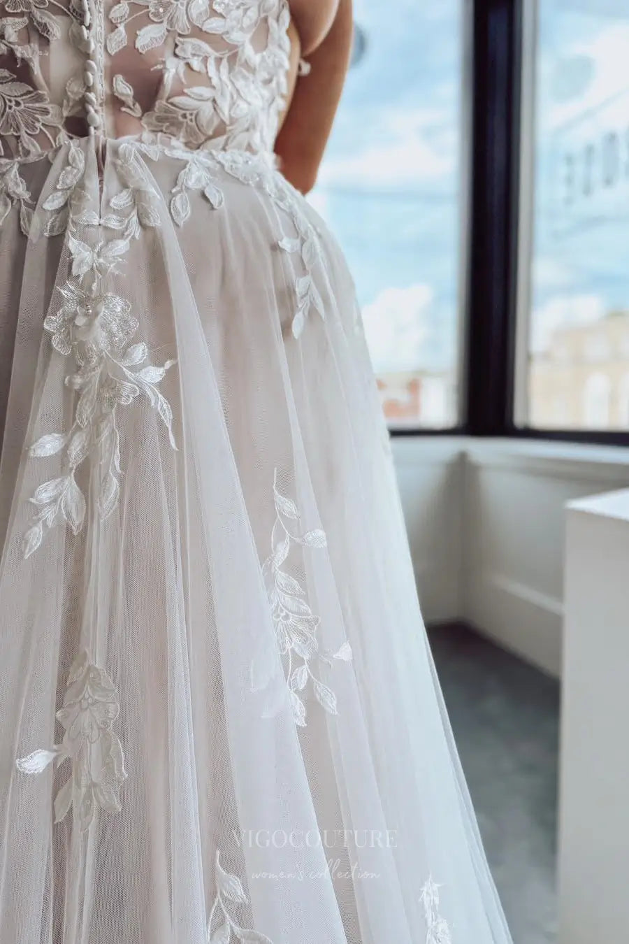 Wedding Dresses 2025 to impress Ivory Plus Size Wedding Dress with Spaghetti Straps, Sheer Lace Bodice, High Slit & Chapel Train – W2258-vigocouture-vigocouture