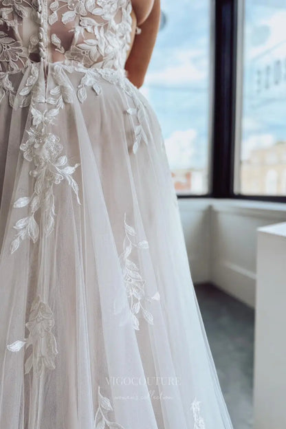 Wedding Dresses 2025 to impress Ivory Plus Size Wedding Dress with Spaghetti Straps, Sheer Lace Bodice, High Slit & Chapel Train – W2258-vigocouture-vigocouture