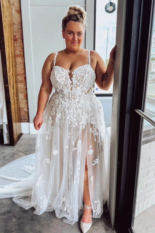 Ivory Plus Size Wedding Dress with Spaghetti Straps, Sheer Lace Bodice, High Slit & Chapel Train – W2258