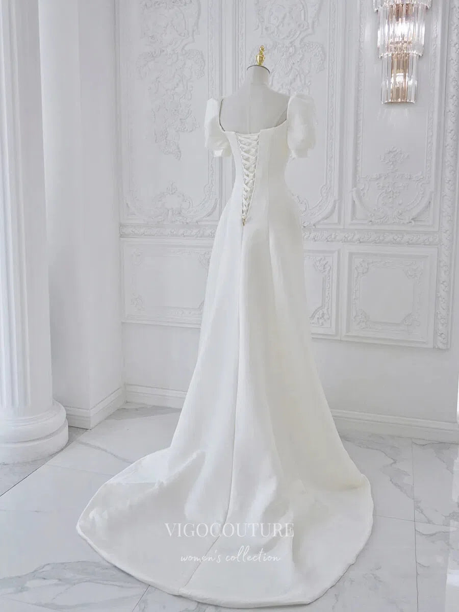 Ivory Puffed Sleeve Satin Wedding Dresses w0013 Custom Colors / US6 Ivory Puffed Sleeve Satin Wedding Dresses w0013 Custom Colors / US6