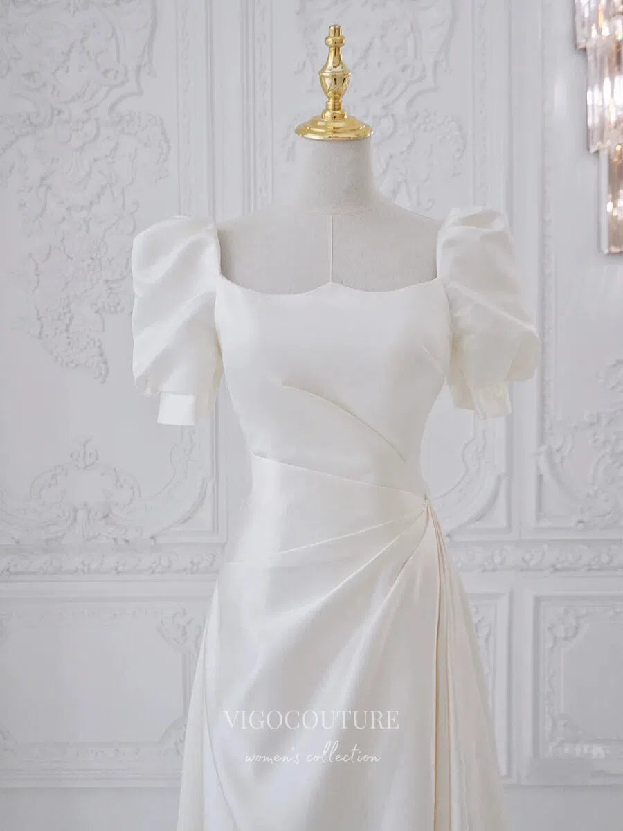 vigocouture-Ivory Puffed Sleeve Satin Wedding Dresses w0013-Wedding Dresses-vigocouture-