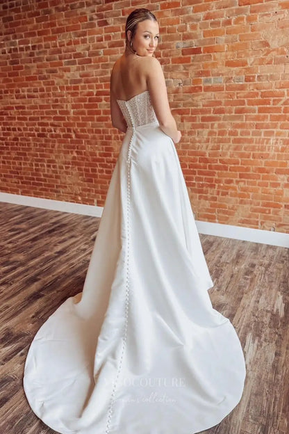 Wedding Dresses 2025 to impress Ivory Satin A-Line Wedding Dress with Pearl Corset Bodice, Pockets, and Chapel Train – W2319-vigocouture-vigocouture