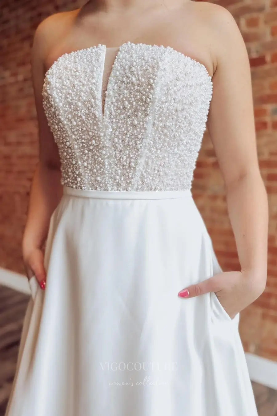 Wedding Dresses 2025 to impress Ivory Satin A-Line Wedding Dress with Pearl Corset Bodice, Pockets, and Chapel Train – W2319-vigocouture-vigocouture