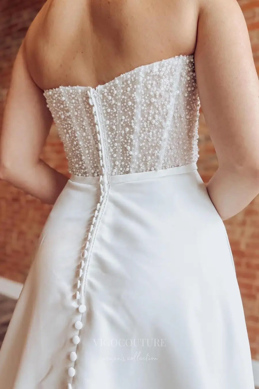 Wedding Dresses 2025 to impress Ivory Satin A-Line Wedding Dress with Pearl Corset Bodice, Pockets, and Chapel Train – W2319-vigocouture-vigocouture